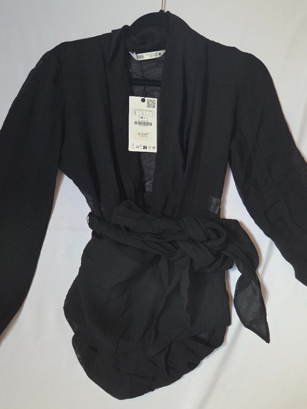 NWT Zara Black Wrap Top with Tie Belt — Size S